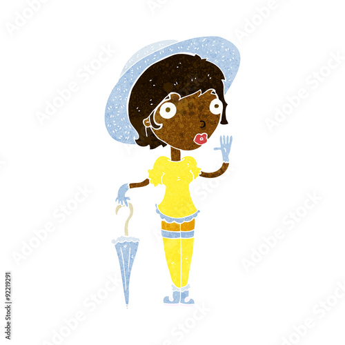 cartoon woman in summer hat waving