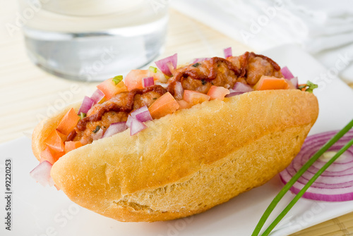 A spicy gourmet style hot dog with tomato, onion and basil