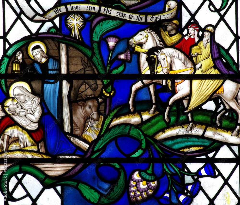 The Nativity (birth of Jesus) with the Three Kings (stained glass)