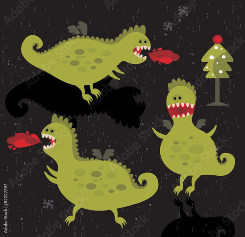 Dragons with fire and christmas tree.