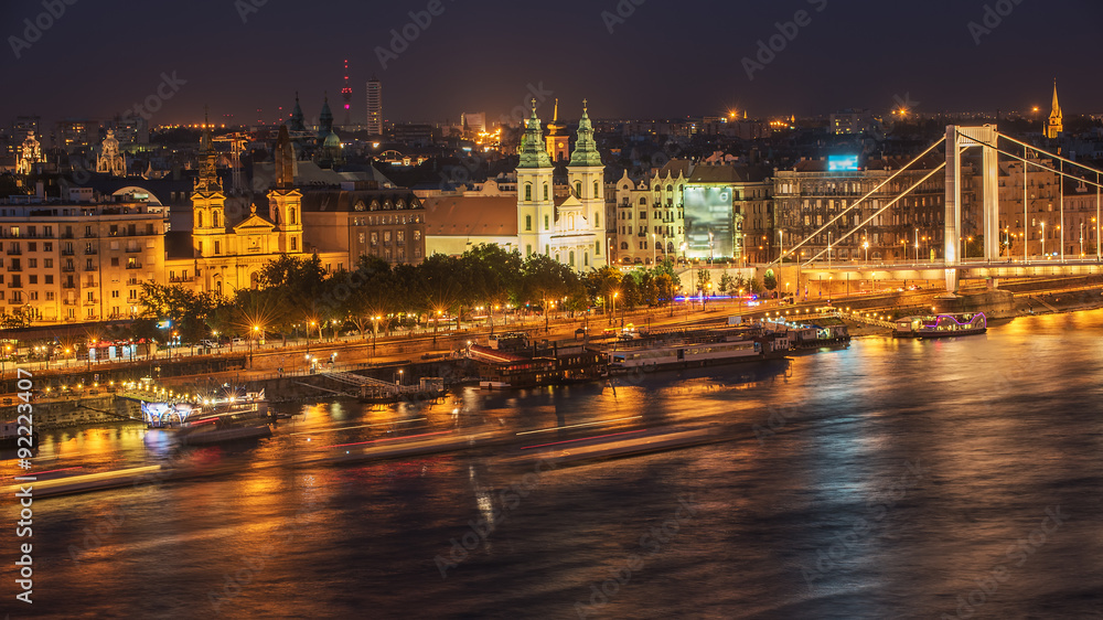Aerial night view of Budapest, Hunhsty