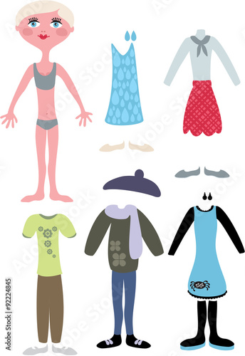 Paper doll with clothes.