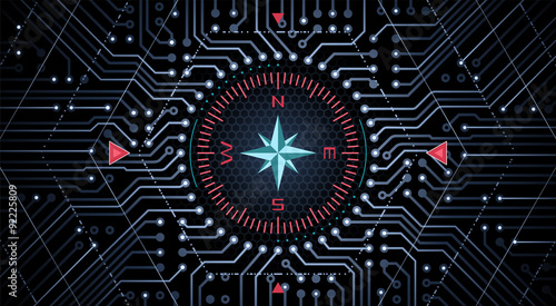 Analog-Digital Compass. Classical compass in the center of a circuit board. Graphic representation of navigational equipment.