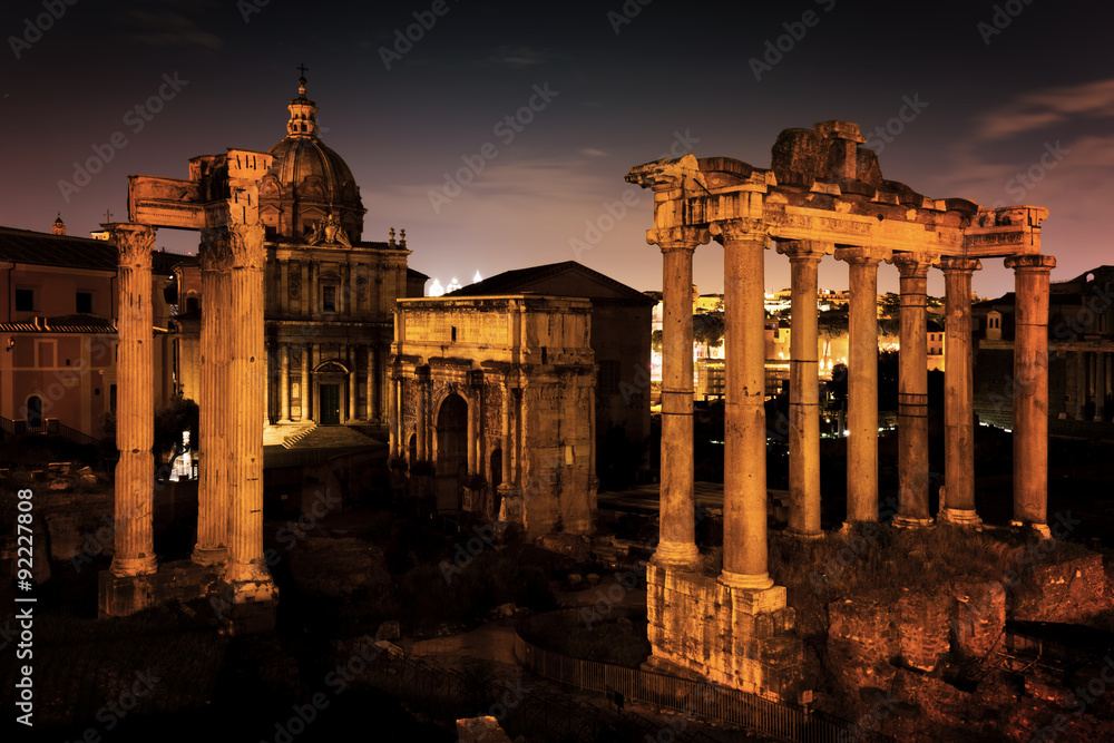 The Roman Forum, Italian Foro Romano in Rome, Italy at night.