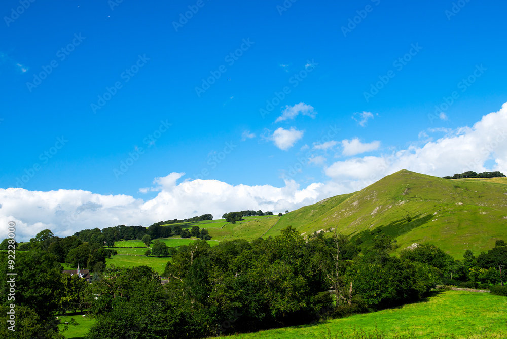 Fototapeta premium Green Meadows and Trees in Beautiful Ilam Hall in Peak District