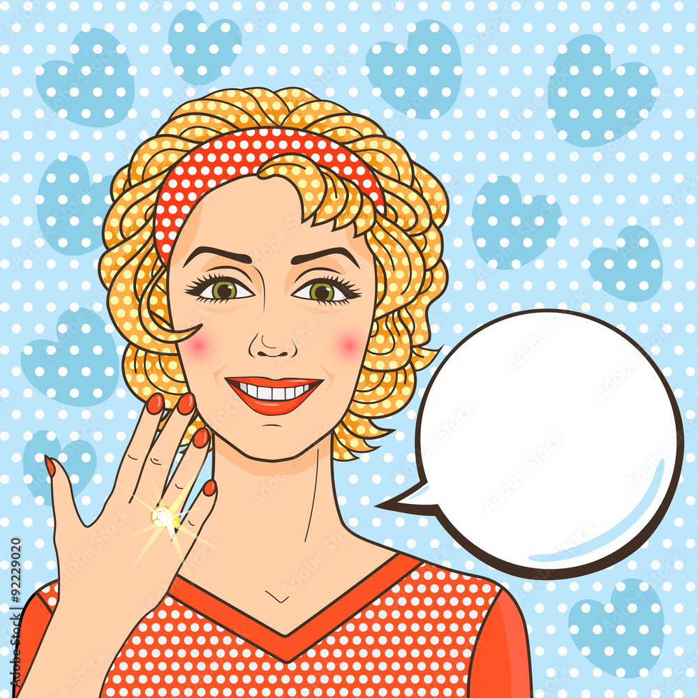Happy blonde woman showing her engagement ring, pop art comic style Happy blonde woman showing her engagement ring, pop art comic style