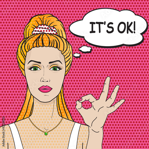 Woman says IT'S OK pop art comics retro style. Vector blond woman on pink background