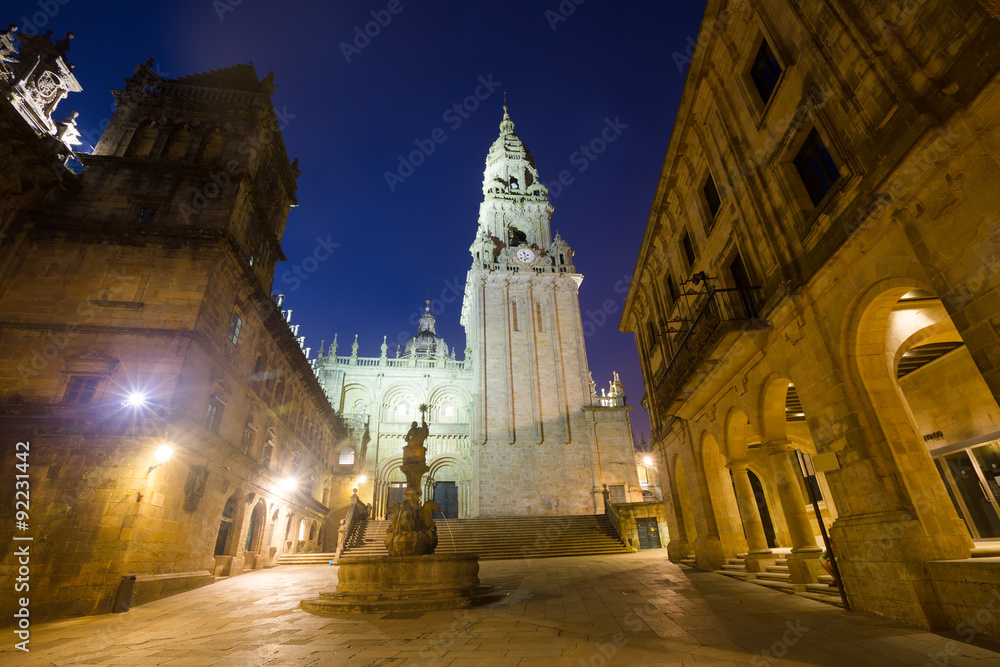 Square of Praterias and Cathedral Bell tower  in Santiago de Com