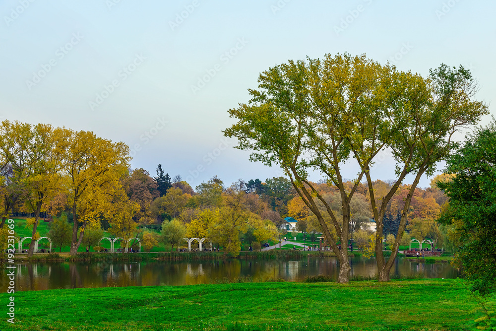 View on Park with Colourful Trees on Green Grass and River at Sunset in Autumn
