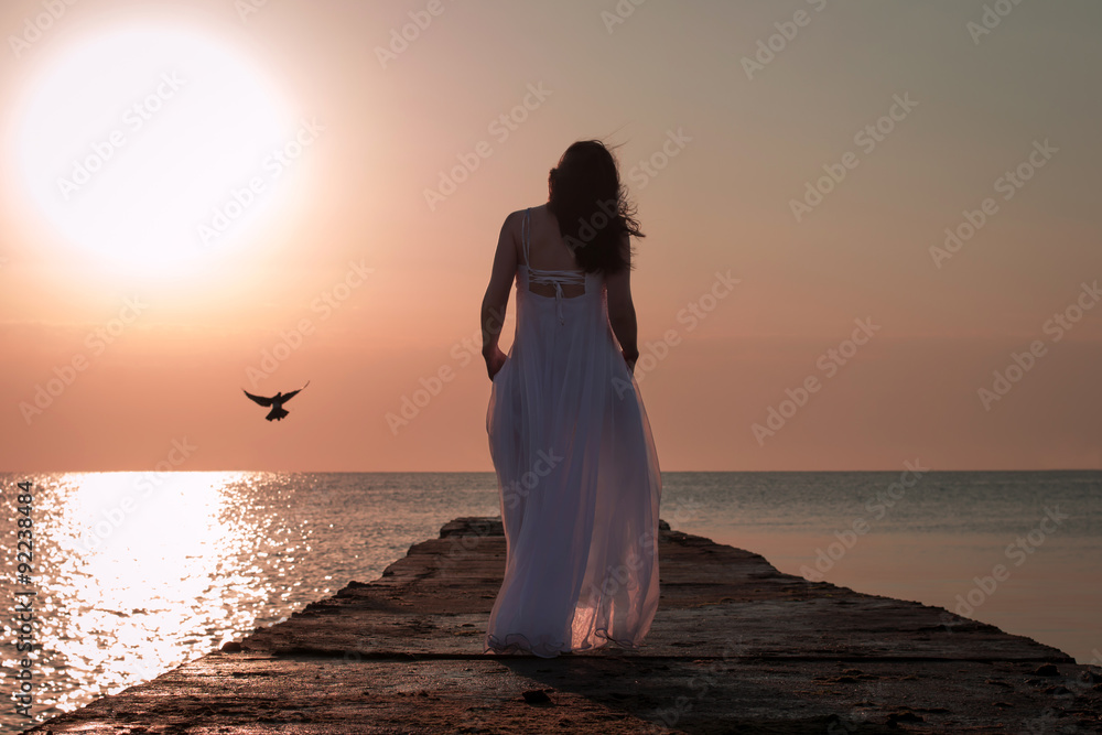 Silhouette of a girl on a beach during the sunset
