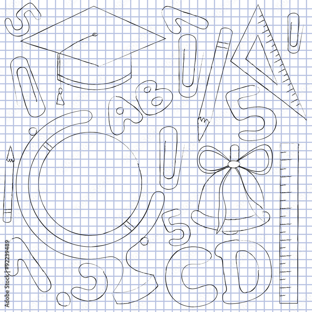 Obraz premium Picture globe, school supplies, letters and numbers on notebook sheet