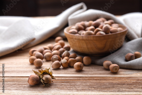 Hazelnuts on wooden table