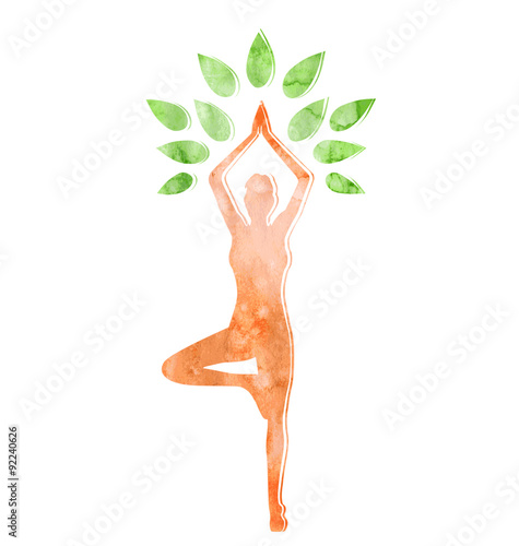 Woman in Yoga Tree Pose Isolated on White Background
