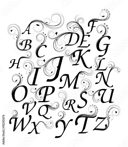 Vintage floral alphabet with curly design elements. 