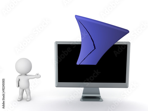 3D Character Showing Mail Envelope Stretching Out of Computer Mo