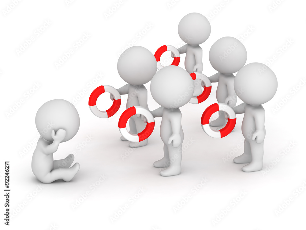Many 3D Characters Offering Help to Character in Distress Many 3D Characters Offering Help to Character in Distress