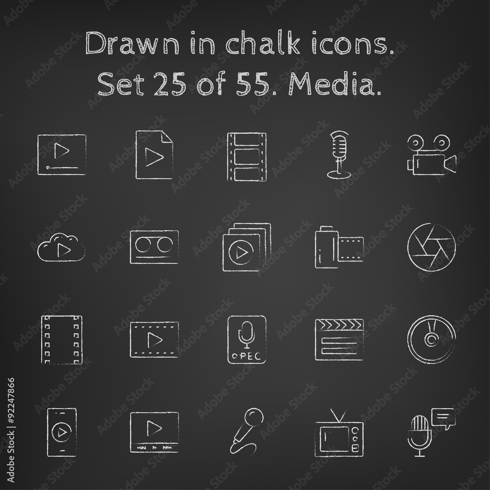 Media icon set drawn in chalk. Media icon set drawn in chalk.