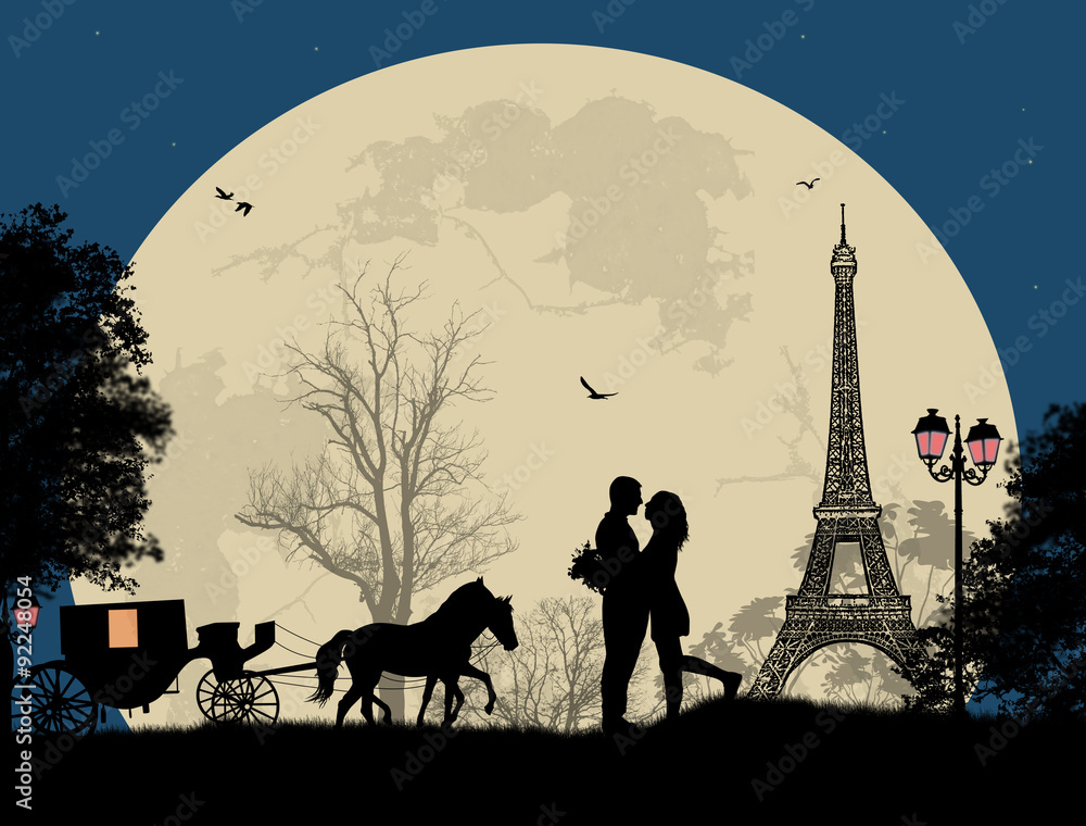 Naklejka premium Carriage and lovers at night in Paris