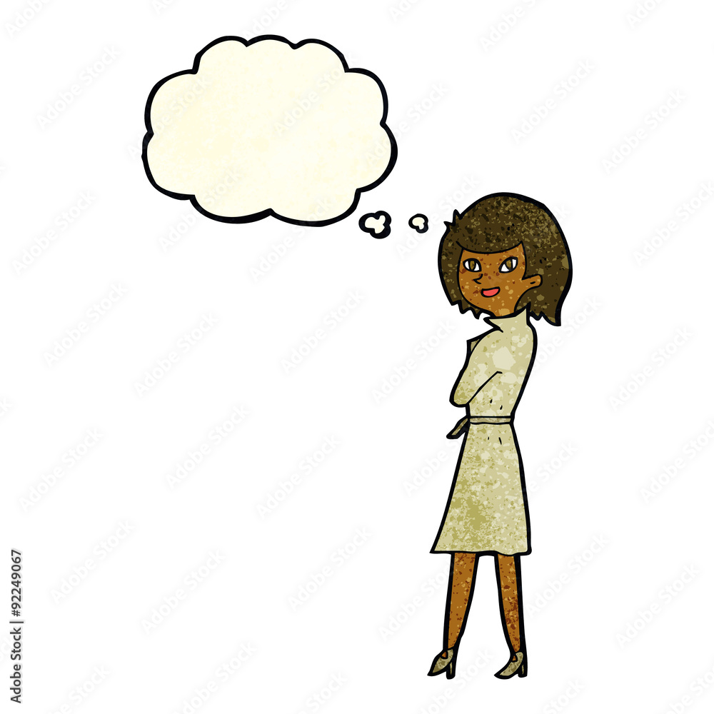 cartoon woman in trench coat with thought bubble cartoon woman in trench coat with thought bubble