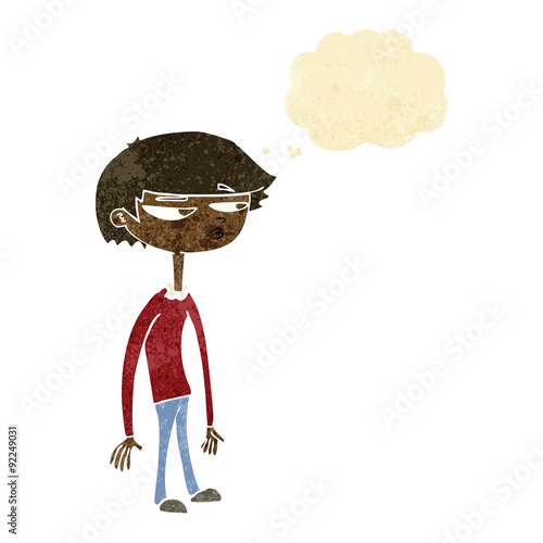 cartoon suspicious boy with thought bubble