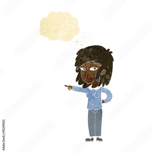 cartoon woman pointing with thought bubble
