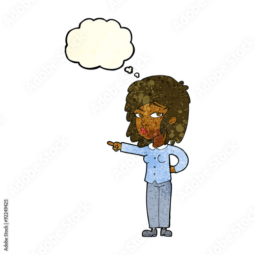 cartoon woman pointing with thought bubble