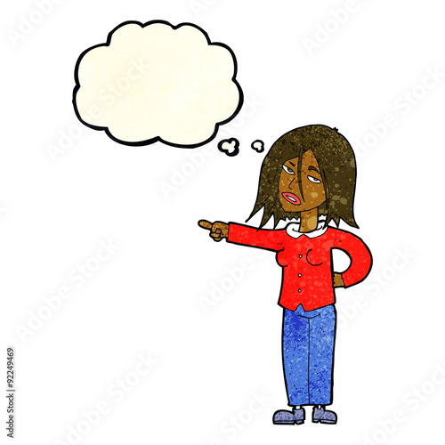 cartoon woman pointing with thought bubble