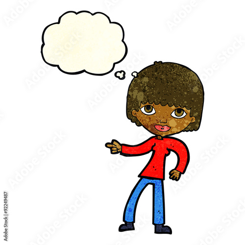 cartoon woman pointing with thought bubble