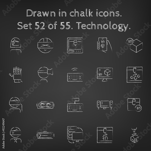 Technology icon set drawn in chalk.