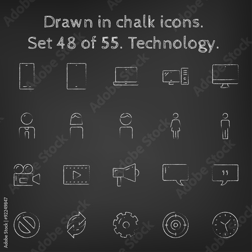Technology icon set drawn in chalk.