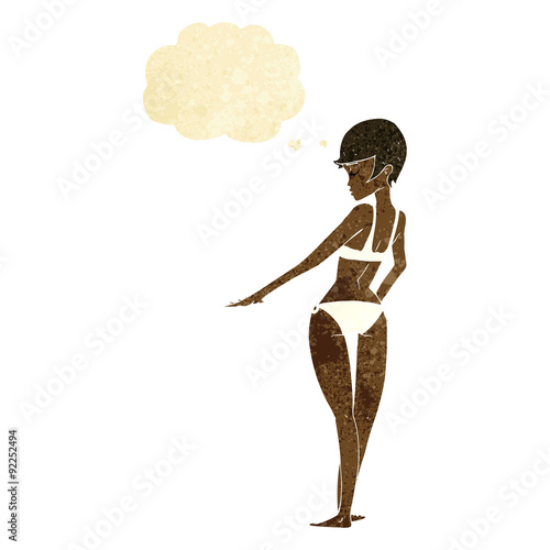 cartoon woman in bikini with thought bubble
