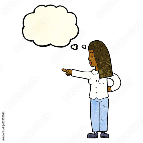 cartoon woman pointing with thought bubble