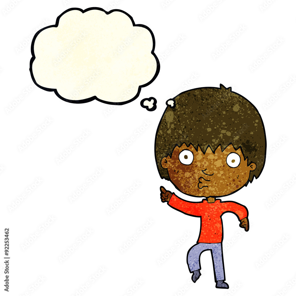 cartoon impressed boy pointing with thought bubble cartoon impressed boy pointing with thought bubble