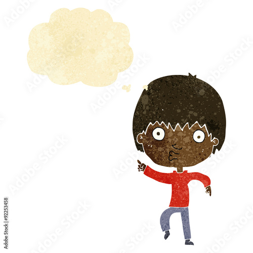 cartoon impressed boy pointing with thought bubble