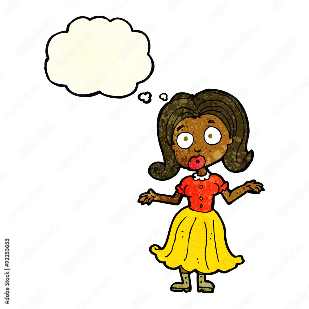 cartoon confused girl with thought bubble