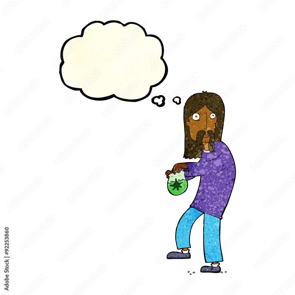 cartoon hippie man with bag of weed with thought bubble cartoon hippie man with bag of weed with thought bubble