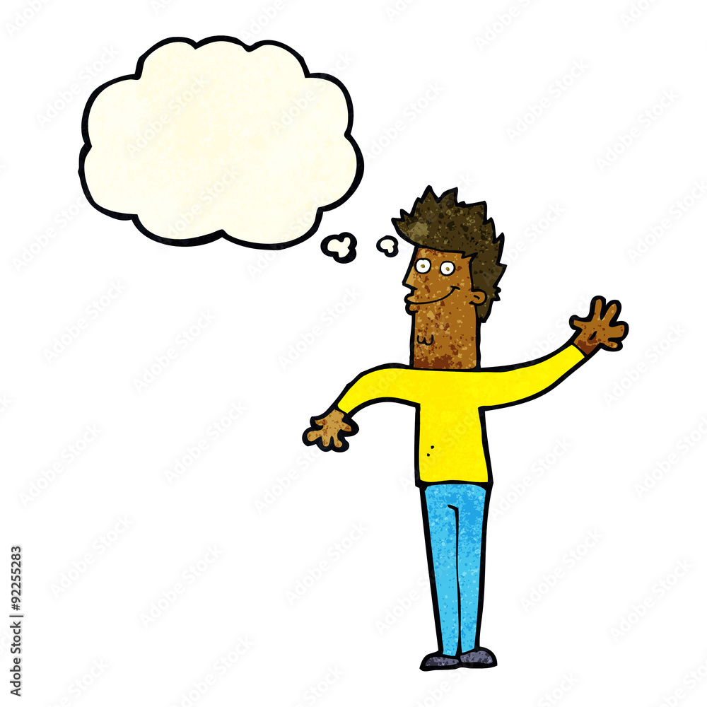 cartoon happy waving man with thought bubble cartoon happy waving man with thought bubble