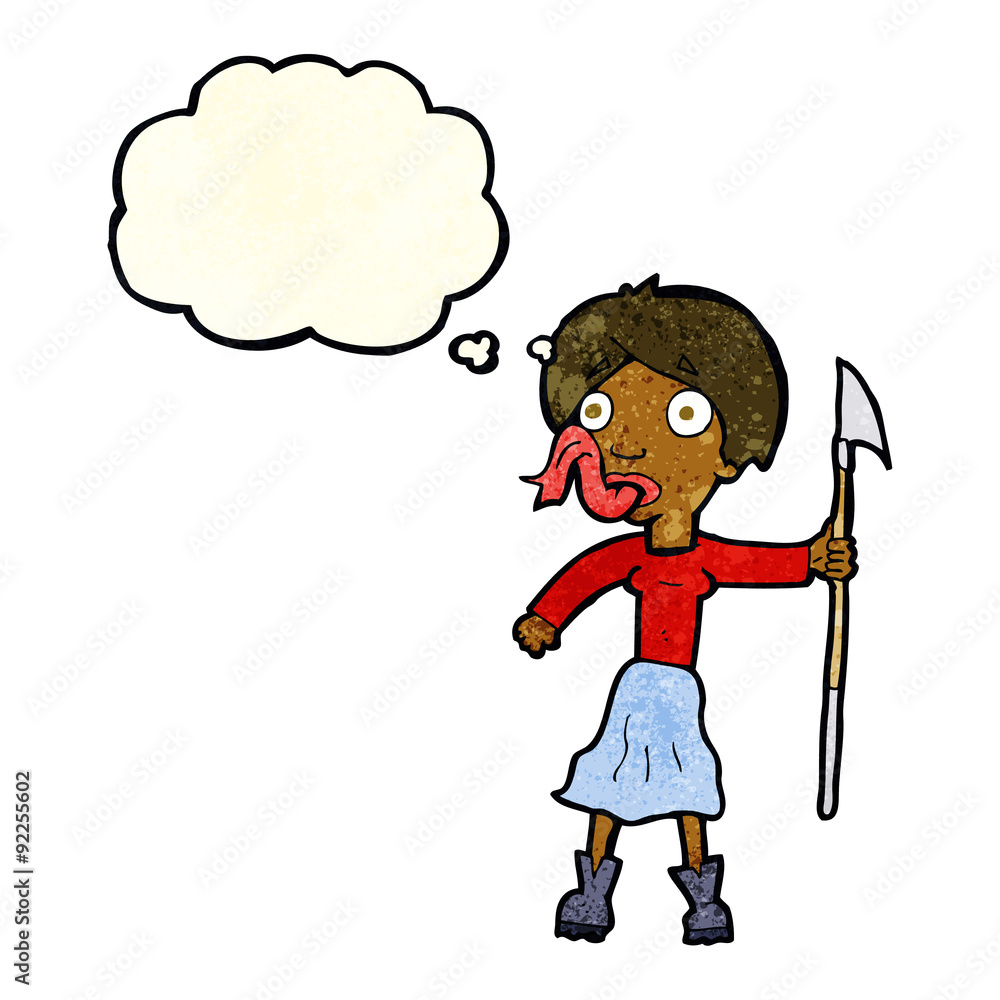 cartoon woman with spear sticking out tongue with thought bubble cartoon woman with spear sticking out tongue with thought bubble