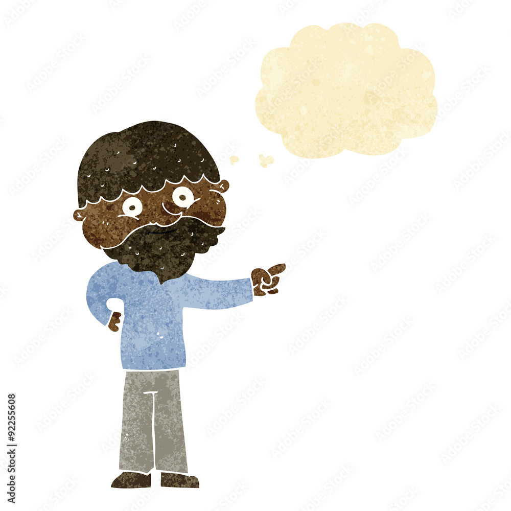 cartoon bearded man pointing with thought bubble