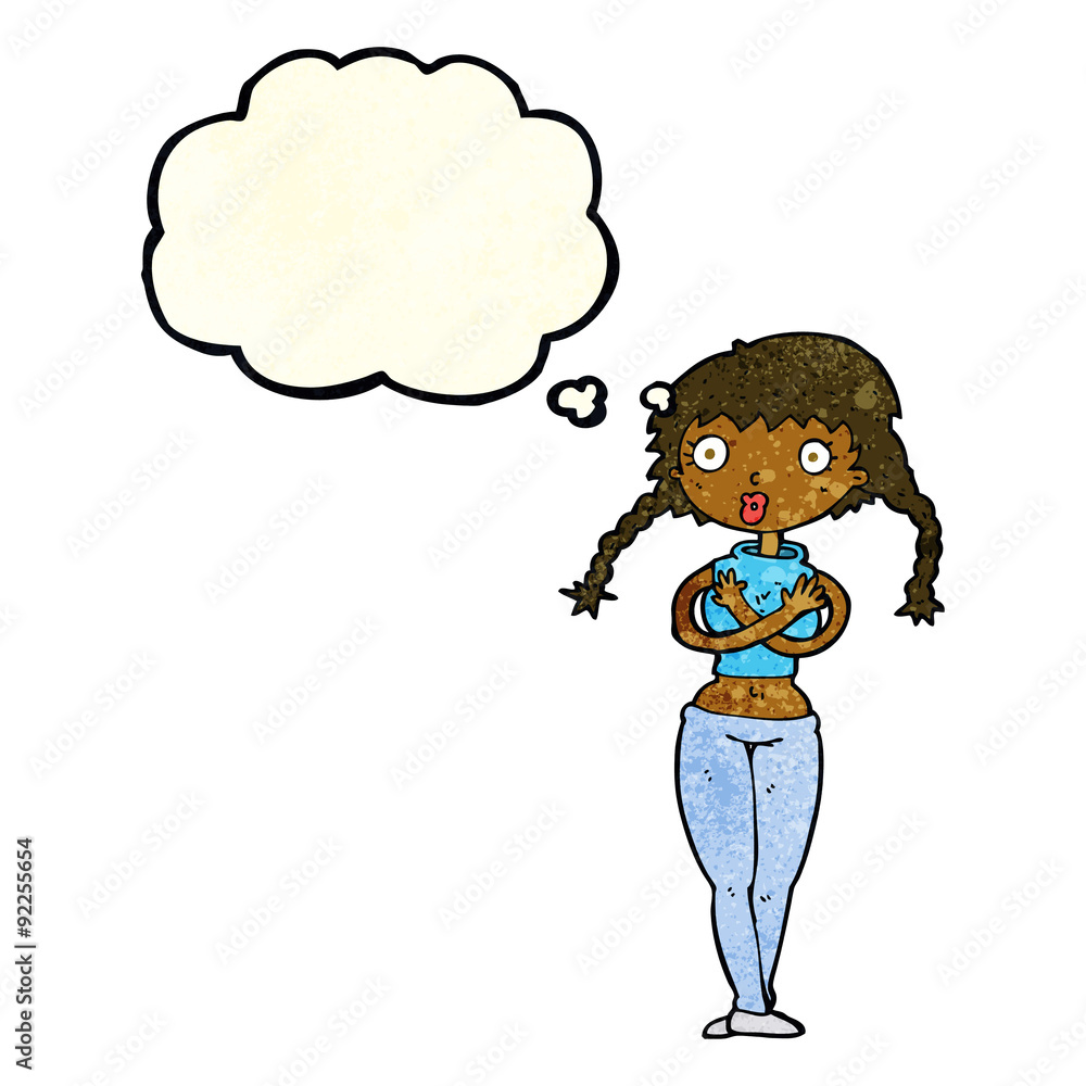 cartoon offended woman covering herself with thought bubble