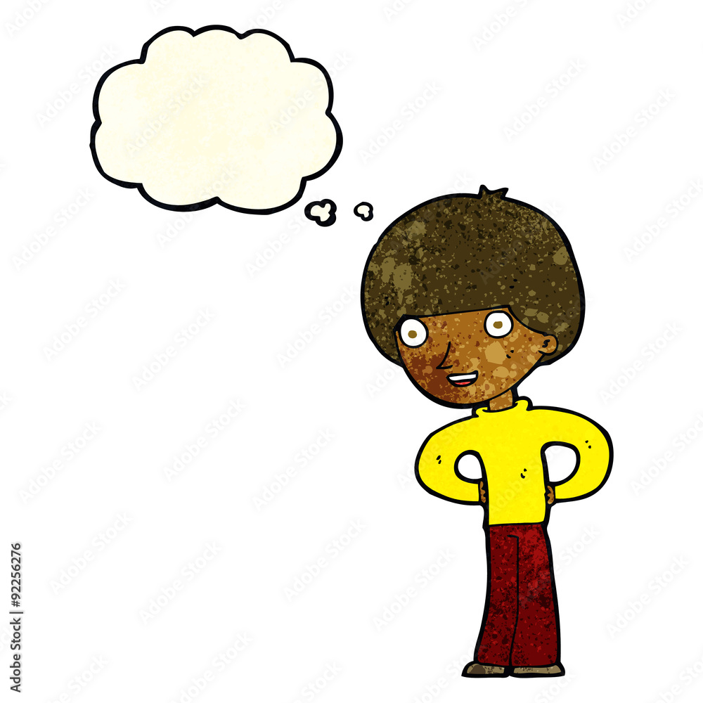 cartoon happy boy with hands on hips with thought bubble cartoon happy boy with hands on hips with thought bubble