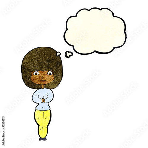 cartoon shy woman with thought bubble