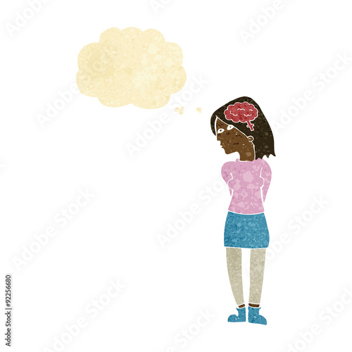 cartoon brainy woman with thought bubble