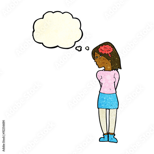 cartoon brainy woman with thought bubble