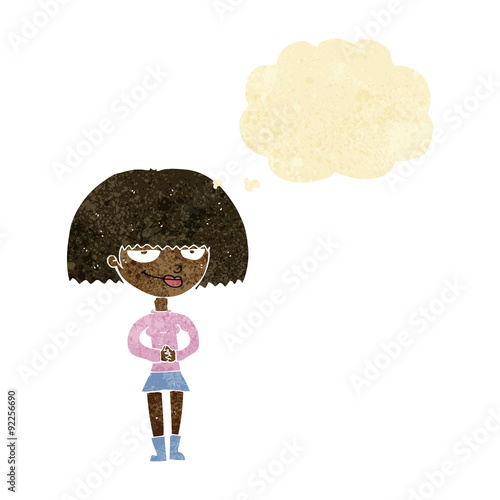 cartoon sly woman with thought bubble
