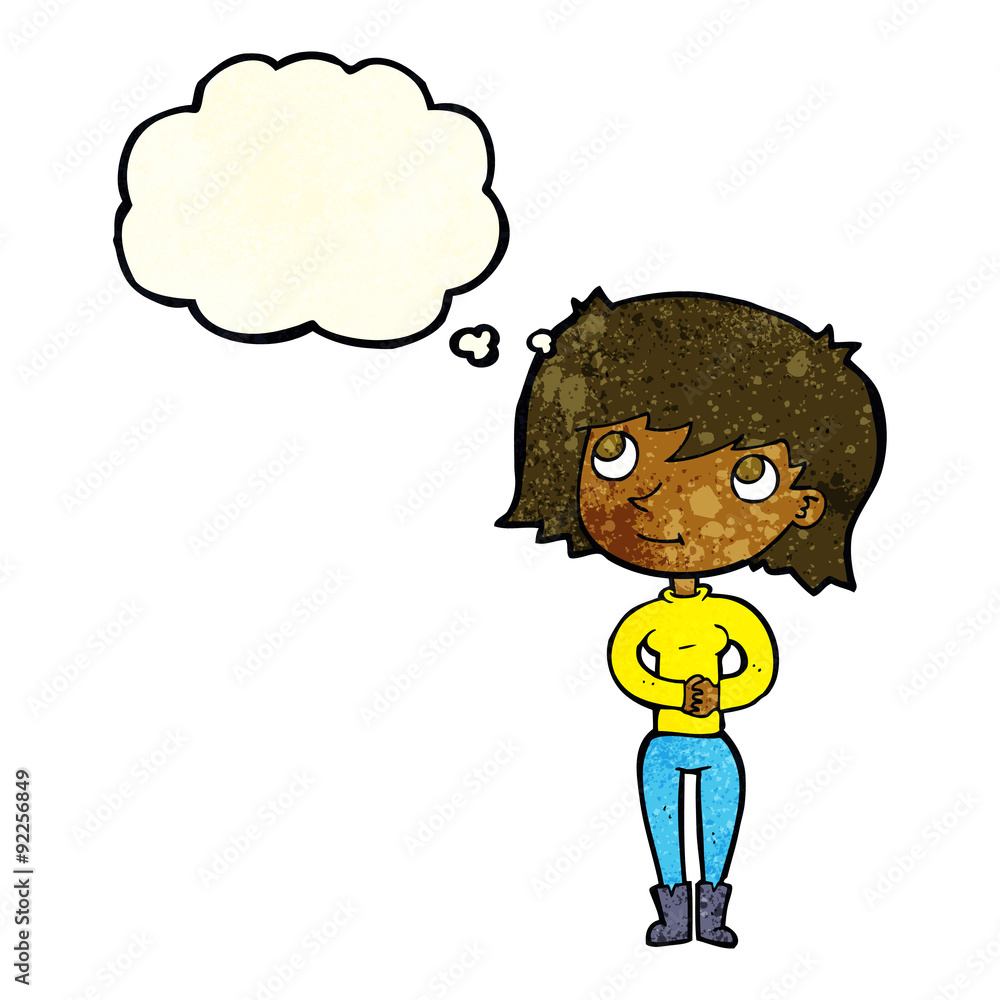 cartoon friendly woman with thought bubble cartoon friendly woman with thought bubble