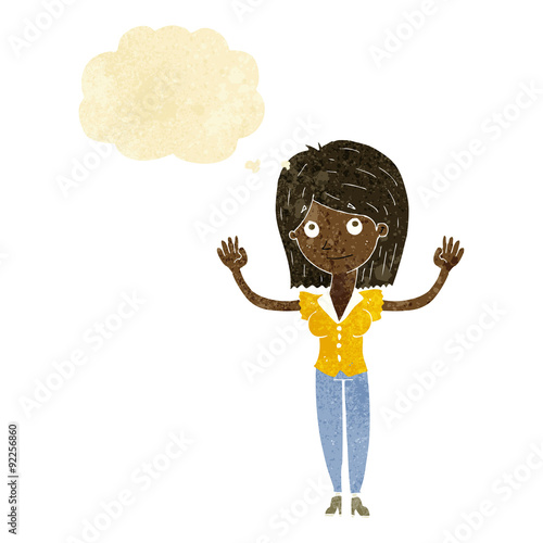 cartoon woman holding up hands with thought bubble