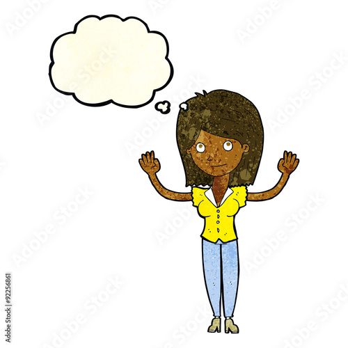 cartoon woman holding up hands with thought bubble