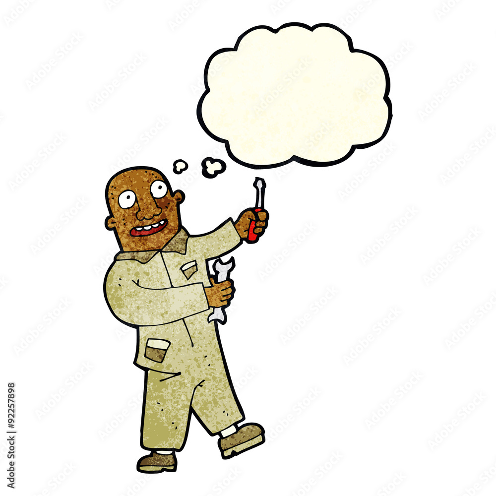 cartoon mechanic with thought bubble cartoon mechanic with thought bubble