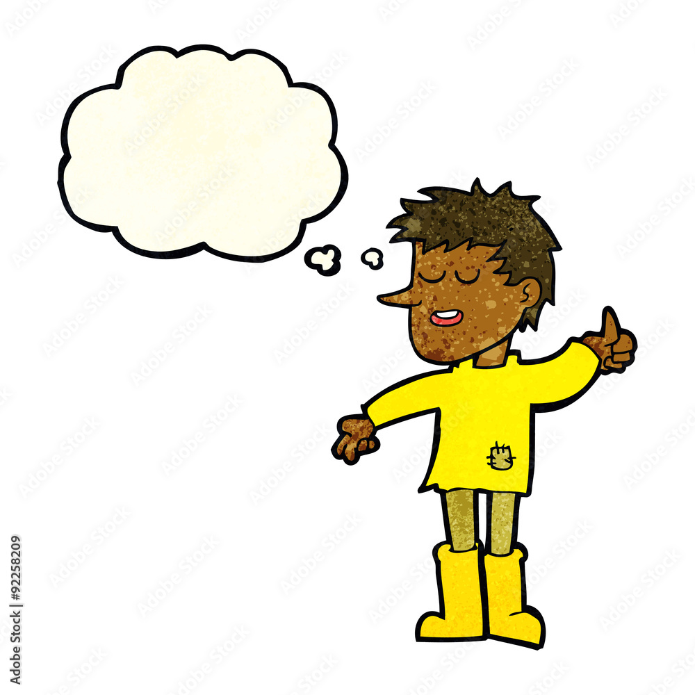 cartoon poor boy with positive attitude with thought bubble cartoon poor boy with positive attitude with thought bubble